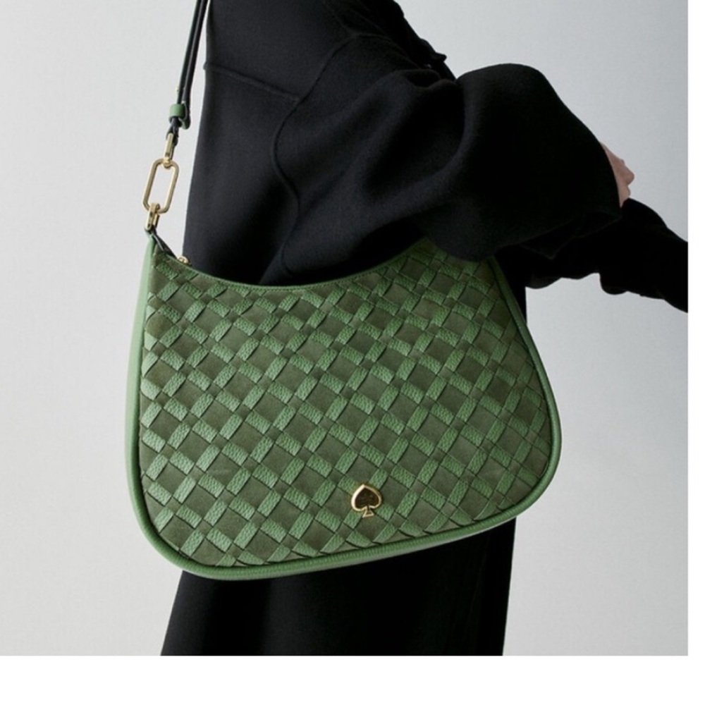NWT Kate Spade 18k gold KAYLA Large Olive Green Woven Leather Shoulder Bag - Picture 1 of 5